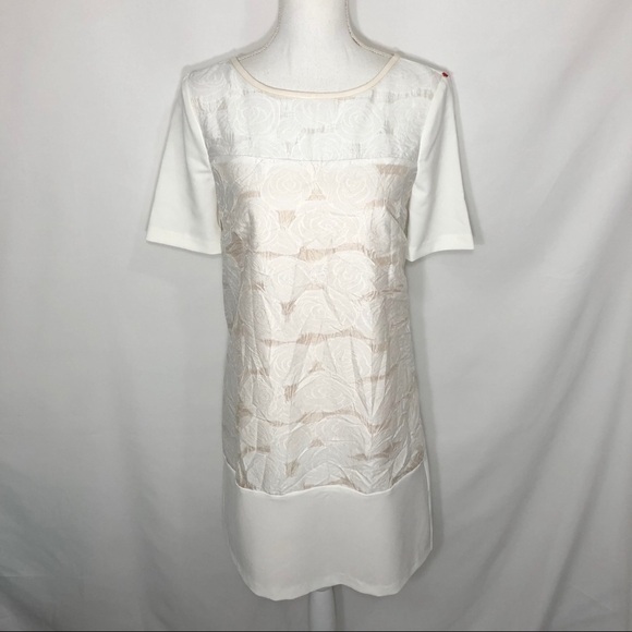 ABS Floral Jacquard Shift Dress NWT Small White Short Sleeve Midi Sheath Shirt - Picture 2 of 8